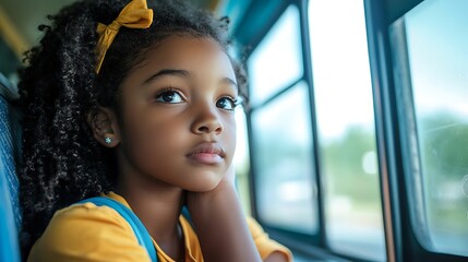 young student gazing out window on yellow school bus, African American girl enjoying a peaceful commute on her path to learning