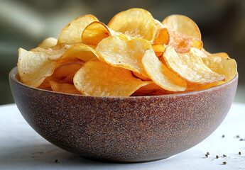 Artistic PNG Image of a Bowl Filled with Crunchy Potato Chips, Perfect for Food Blogging and Social Media Sharing
