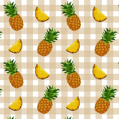 Pineapples on a checkered background.Vector seamless pattern with whole and sliced ​​pineapples on a checkered background.