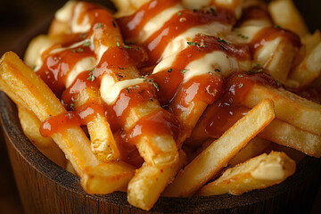 Crunchy French Fries Heaped with Assorted Sauces and Condiments, from Classic Ketchup and Mayonnaise to Spicy Mustard and Aioli