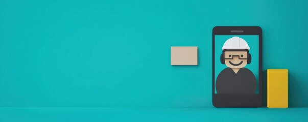 Customer experience interaction data concept. Illustration of a construction worker on a smartphone screen.