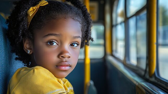 young student gazing out window on yellow school bus, African American girl enjoying a peaceful commute on her path to learning