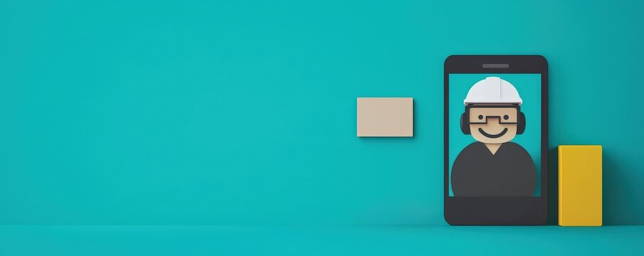 Customer experience interaction data concept. Illustration of a construction worker on a smartphone screen.