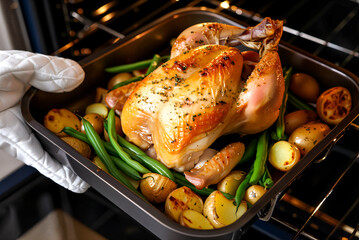 Fototapeta premium Hand takes roast chicken with potato, vegetable dinner from oven in cooking pan. Homemade food preparation concept