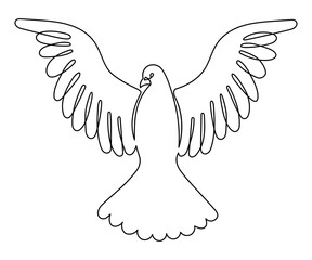 Flying Dove Bird. One Continuous Line Drawing. Pigeon Symbol of Peace and Freedom, Pentecost in Simple Linear Style. Line Art. Vector Illustration. Hand Drawn Doodle Monoline