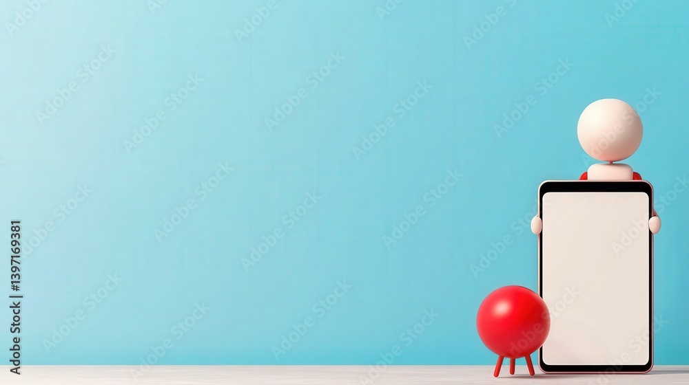 Wall mural customer experience interaction data concept. a figure holds a blank tablet with a red ball against 