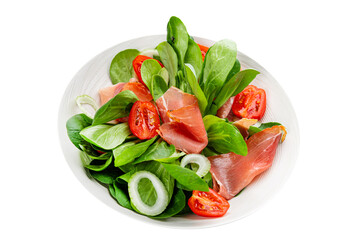 Salad jambon meat jamon vegetable dish fresh gourmet food background on table rustic food top view copy space