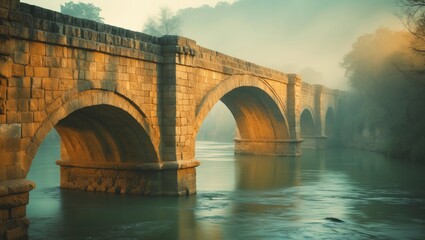 Fototapeta premium Surreal vibrant scene of a historic stone bridge over a tranquil river at dawn amidst mist in a cinematic landscape