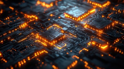 High-Tech Circuit Board with Glowing Elements in a Dark Background for Futuristic Themes