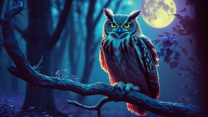 Surreal cinematic depiction of a vibrant owl perched on a branch under a glowing moon in a mystical forest