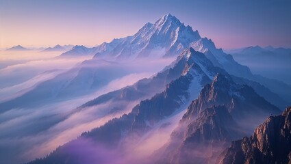 Surreal vibrant landscape showcasing majestic mountains at dusk with colorful clouds and mist