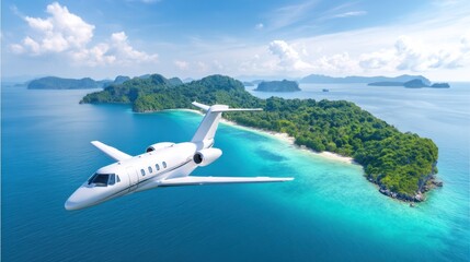 Fototapeta premium A sleek private jet flies over a picturesque tropical island, surrounded by clear turquoise waters and lush greenery, showcasing a stunning aerial view.