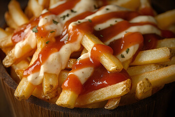 Sizzling French Fries with Savory Sauce Options - Melted Cheese, Spicy Mayo, and Tangy Ketchup - Tasty Food Product for Restaurant Menu or Food Blog