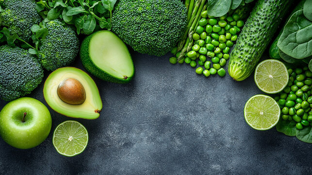 Fresh green vegetables and fruits on textured surface