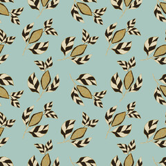 Seamless pattern with cocoa bean branches, hand drawn sketch, outline doodle drawing. For packaging, wrapping, label, wallpaper, on blue background.