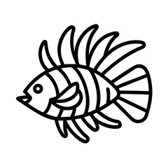 Illustration of a striped lionfish drawing with fins and tail in black and white