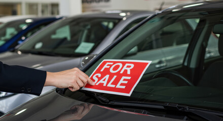 Hand placing for sale sign on vehicle in a busy car dealership during the day