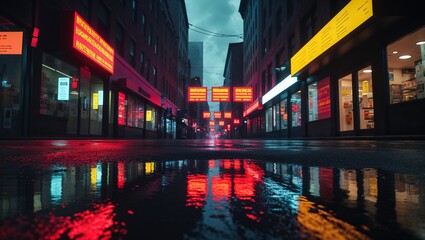 Fototapeta premium Surreal urban landscape with vibrant neon lights reflecting on wet pavement in a cinematic setting