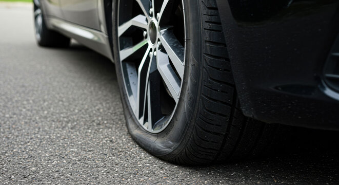 Flat tire on a parked car on asphalt road during daylight leading to inconvenience for the driver and passengers