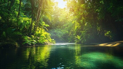 Sunlit jungle river, tranquil scene, lush foliage, tropical paradise, travel brochure