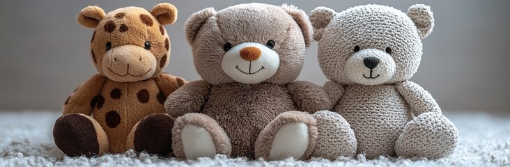 Set of 3 stuffed animal toys isolated on transparent background as a png cutout Stock