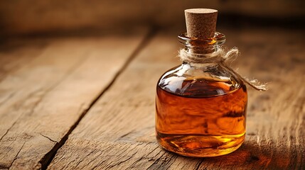 natural amber liquid in stylish glass bottle on wooden table portraying pure ingredient rustic charm elegant home cooking and healthy organic food