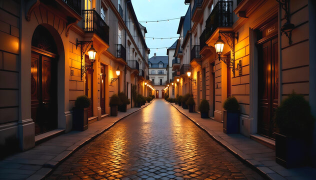 Fototapeta European Alley at Dusk with Cobblestone Street and Warm Lights with France-style architecture