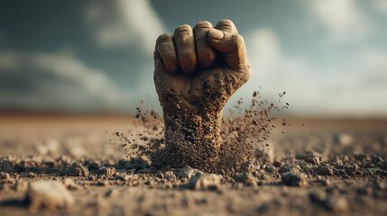 Symbolic clenched fist rising from cracked earth, representing power and defiance