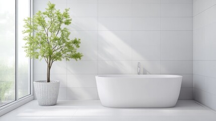 Modern, minimalist bathroom featuring a freestanding tub and a potted plant. Sunlight streams into the room, highlighting the clean lines and bright white tile