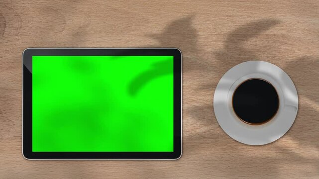 Tablet with green screen outdoors, trees swaying on the background.