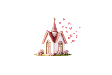 A small white church with pink flowers and hearts flying around in the background