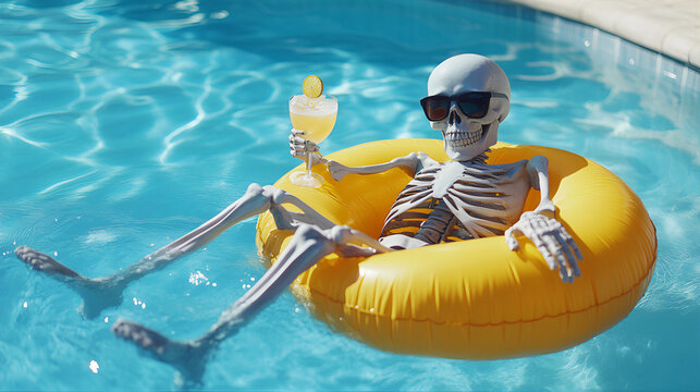 Human skull in the swimming pool siting on inflatable ring. Take a break funny skeleton floaties relaxing in the swimming pool, surfer dive surfer, pool raft. Sunglasses Halloween skeleton swimming