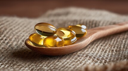 Golden fish oil capsules, rich in omega-3 fatty acids, sit in a wooden spoon on a burlap surface, promoting health and wellness