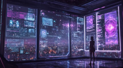 Cyberpunk Cityscape: A Solitary Figure Gazing at a Futuristic Metropolis through a Window Displaying Holographic Data Streams