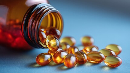 Fish oil capsules or omega 3 spilling out of a brown glass bottle onto a blue surface