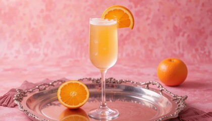 A sophisticated mimosa cocktail on a silver tray with an orange garnish