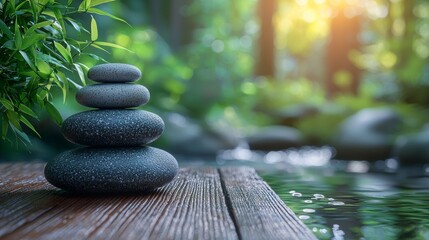 On a rock, a product is displayed in the empty and serene atmosphere of a spa landscape