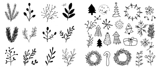 Modern assortment of vintage-inspired hand-drawn Christmas holiday items