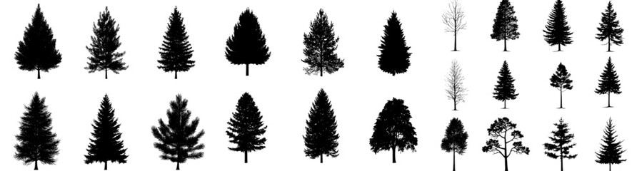 A contemporary set featuring the silhouettes of various Canadian pine trees, with conifer tree shapes against a white backdrop, forming a collection of trees