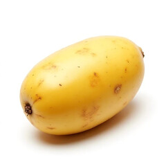 A single, pale yellow potato rests on a pristine white background, showcasing its subtly speckled skin and smooth, oblong form.