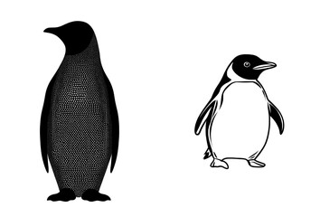 A penguin is depicted in a modern illustration using black and white linear paint