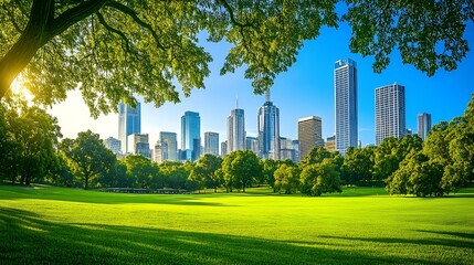 Fototapeta premium Modern City Skyline Overlooking Vibrant Green Grassy Field with Trees