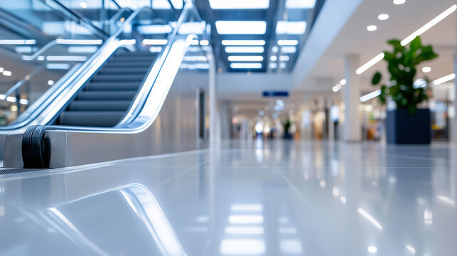 Abstract blurred modern shopping mall interior with empty escalator, bright lighting, and polished floor.