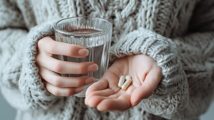 Woman is holding medicine capsules and glass of water, wearing cozy wool sweater