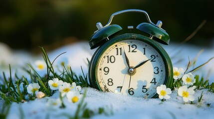 Vintage alarm clock in snow surrounded by flowers, symbolizing the transition from winter to spring.
