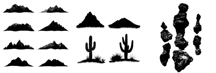 Obraz premium The wild west and America are depicted in a hand drawn modern silhouette set complete with a canyon, stones, cowboy, and vintage theme