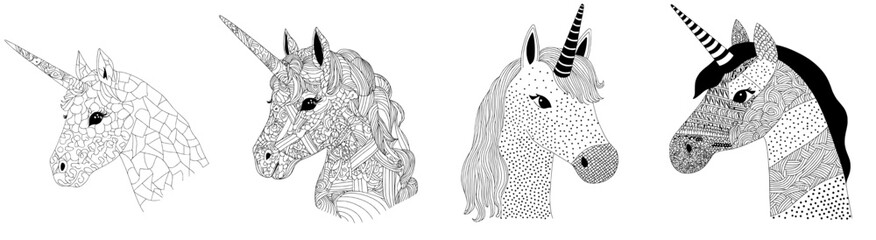 A modern illustration of a unicorn, an animal from tales, is featured on a page in an adult coloring book, complete with a sample, in both color and monochrome doodle