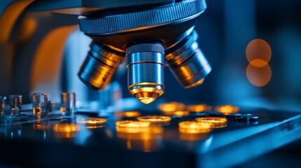 Close-Up of a Scientific Microscope with Illuminated Objective Lenses