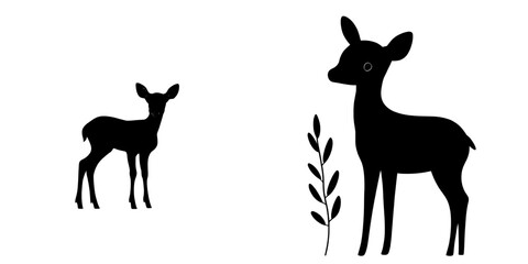 A small deer with a sweet appearance, depicted as a black cut silhouette set against a white backdrop, incorporating hand-drawn design elements, all presented in a modern illustration style