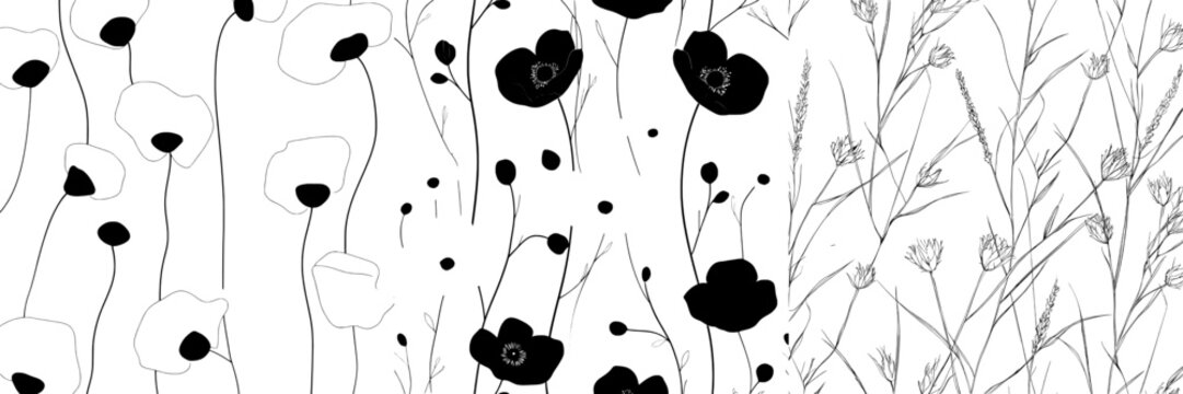 A contemporary seamless design featuring ink drawings of wild plants, herbs, and flowers in monochrome, forming a botanical illustration with floral elements and a hand-drawn repeatable background